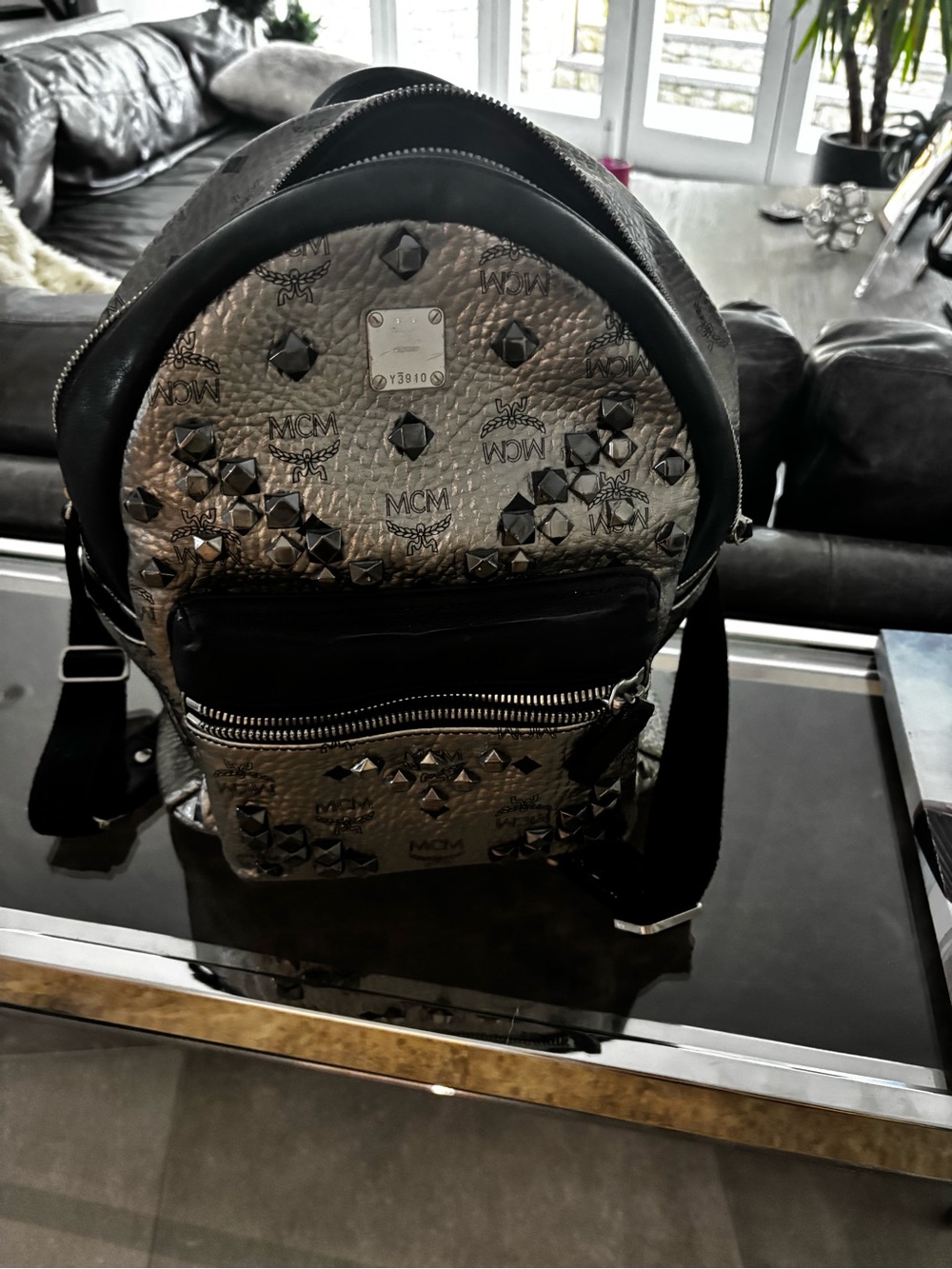 MCM Metallic Silver Studded Logo Mini Backpack